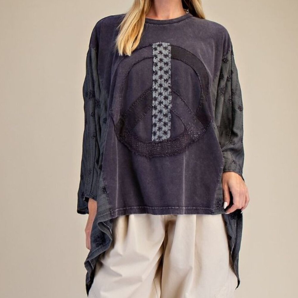 E12 Easel Black Mineral Washed Peace Sign Poncho Top